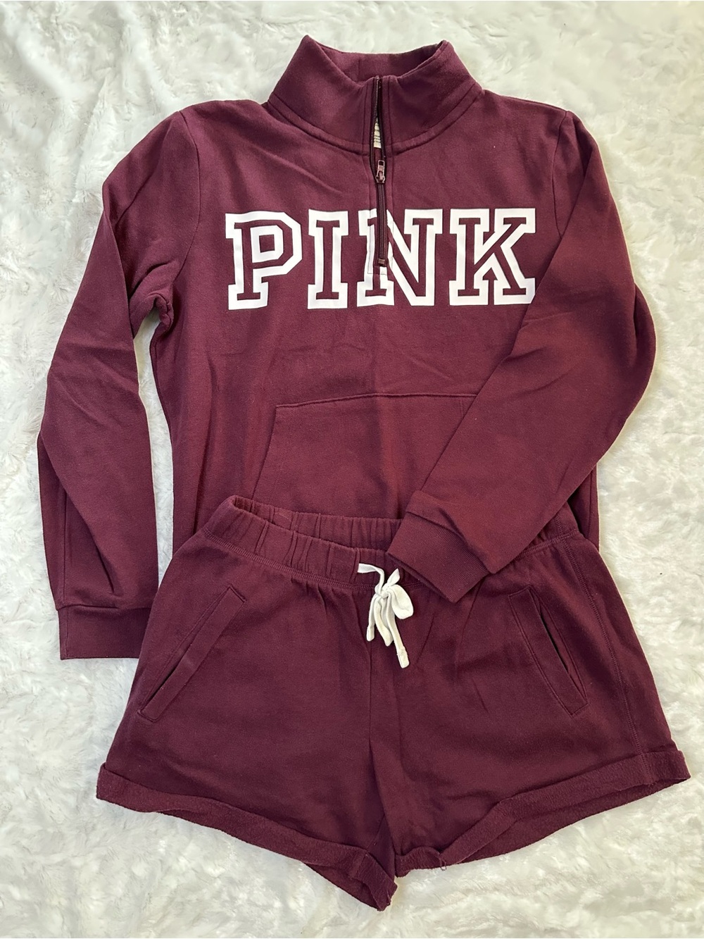 PINK Victoria's Secret Burgundy Half-Zip Pullover & Shorts Pajama Set